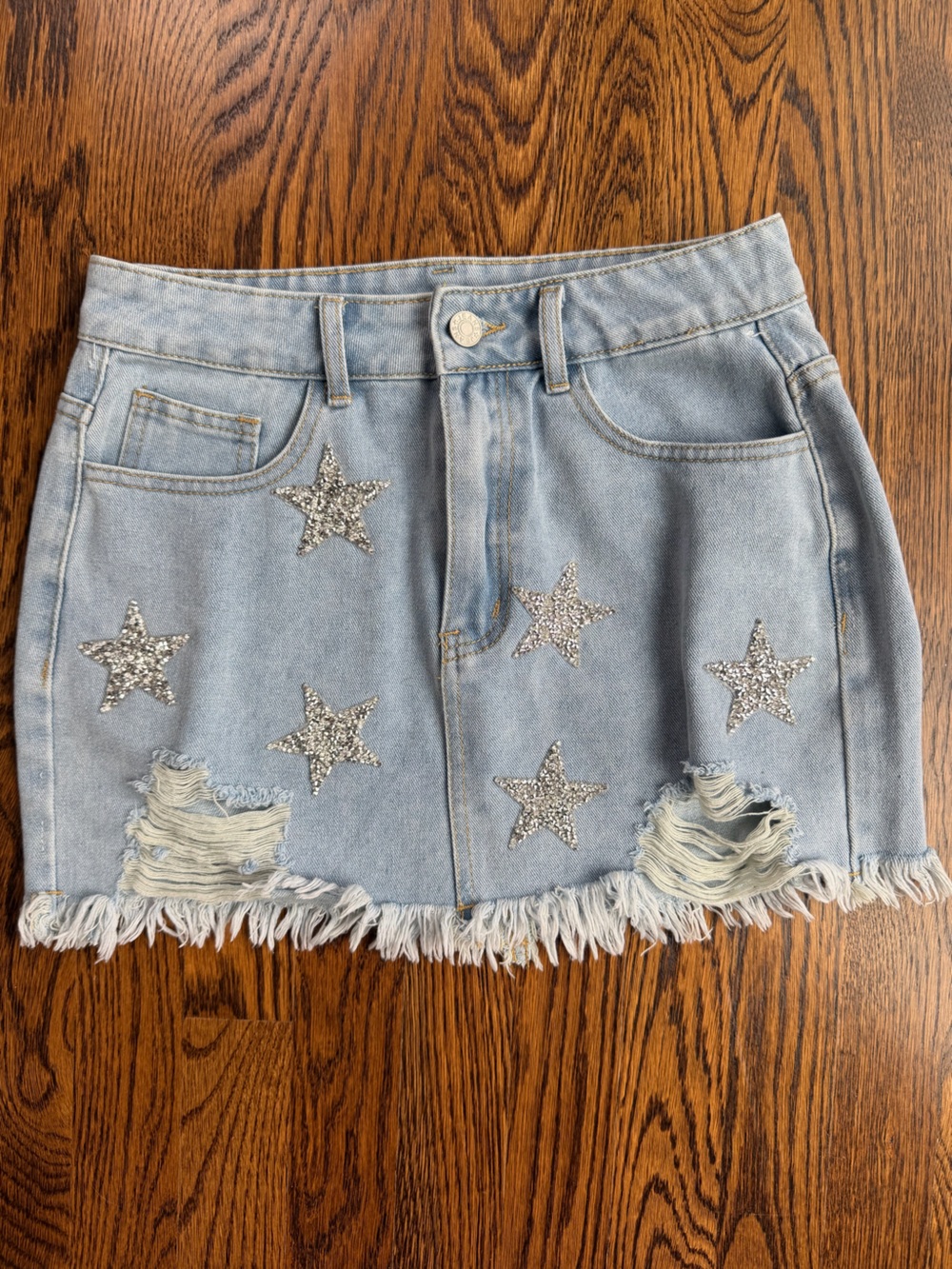 Light Blue Denim Western Frayed Hem Skirt with Silver Beaded Star Embellishments